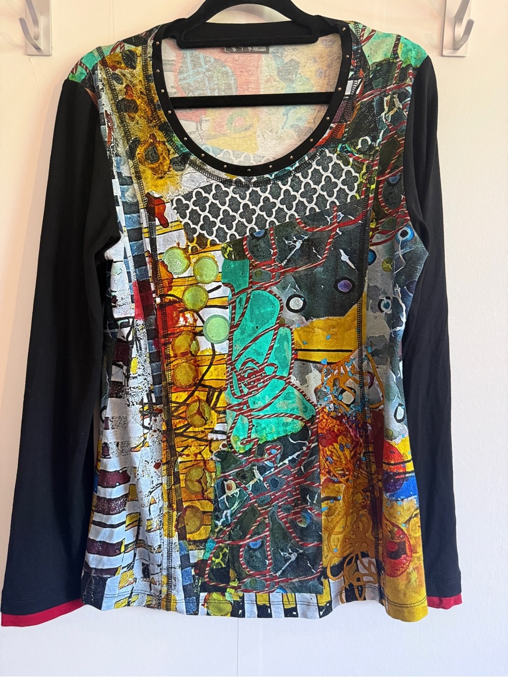 Dolcezza Artwear Abstract Print Studded Top Long Sleeve Stretch Small Women’s